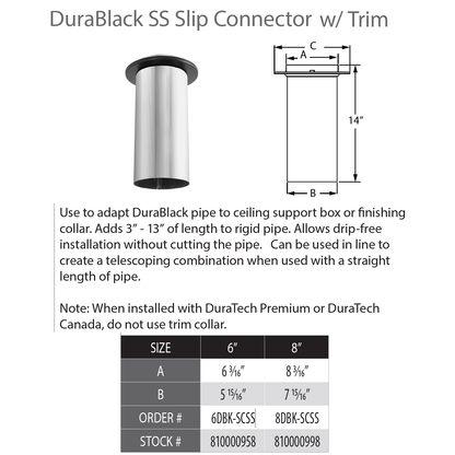 DuraVent DB 6" Diam Stainless Steel Slip Connector w/trim | 6DBK-SCSS