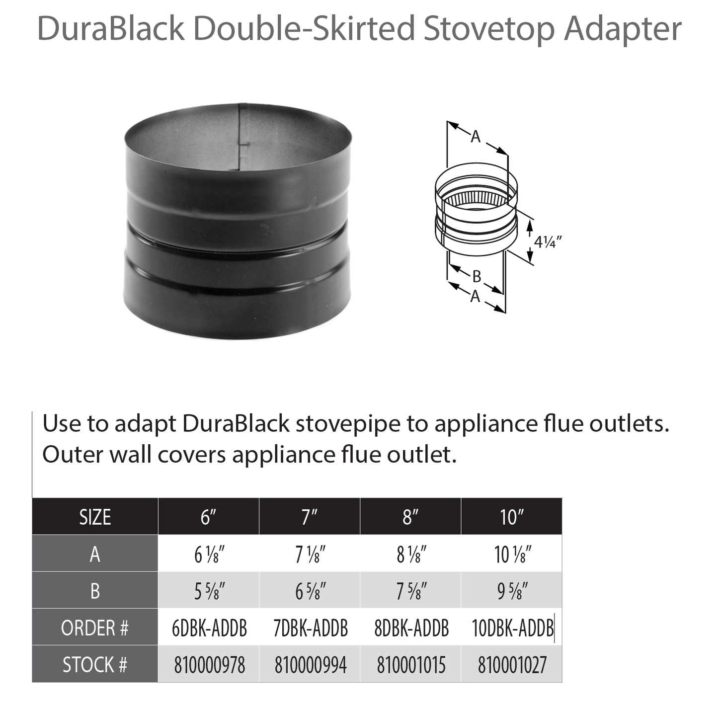 DuraVent DB 10" Diam Blk Double-Skirted Stovetop Adapter | 10DBK-ADDB