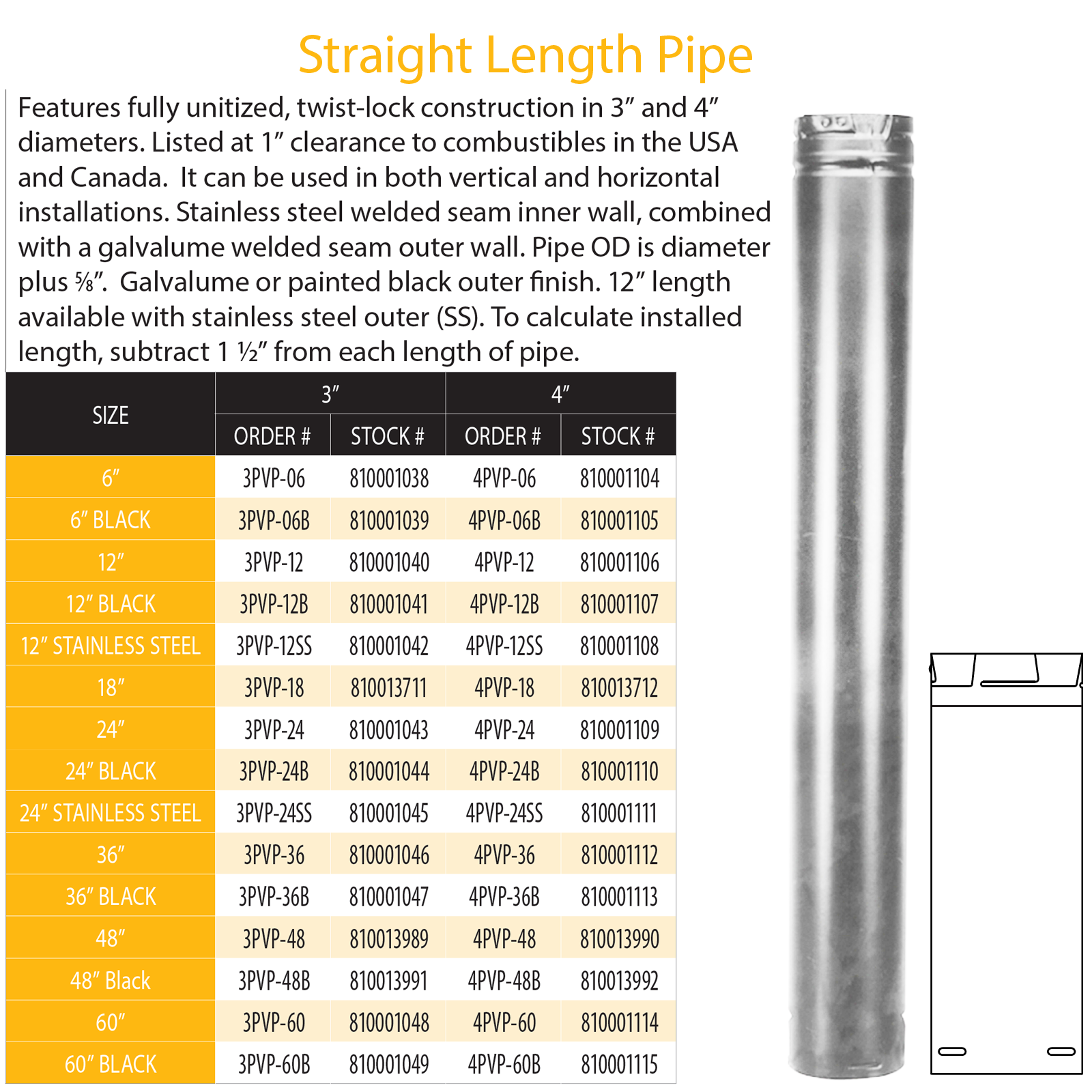 DuraVent Pellet Vent Pro 3" Diameter 48" Length Pipe | 3PVP-48