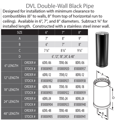 DuraVent DVL 8" Diameter Double Wall Black 12" Pipe Length | 8DVL-12