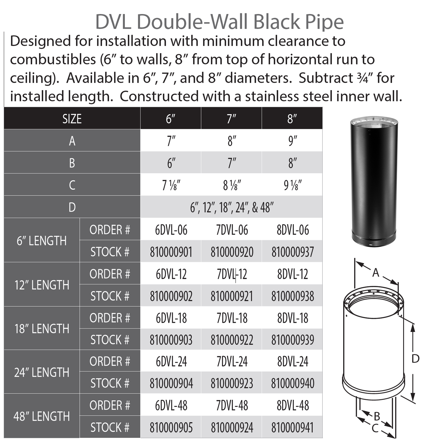 DuraVent DVL 6" Diameter Double Wall Black 48" Pipe Length | 6DVL-48