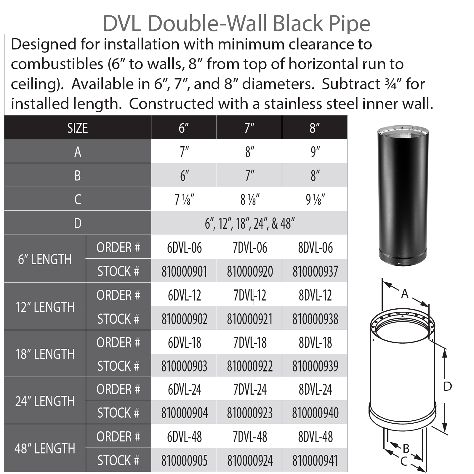 DuraVent DVL 6" Diameter Double Wall Black 12" Pipe Length | 6DVL-12