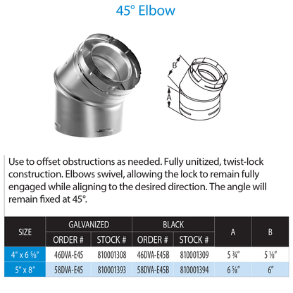 DuraVent DirectVent Pro Elbow Swivel - Galvanized | 46DVA-E45