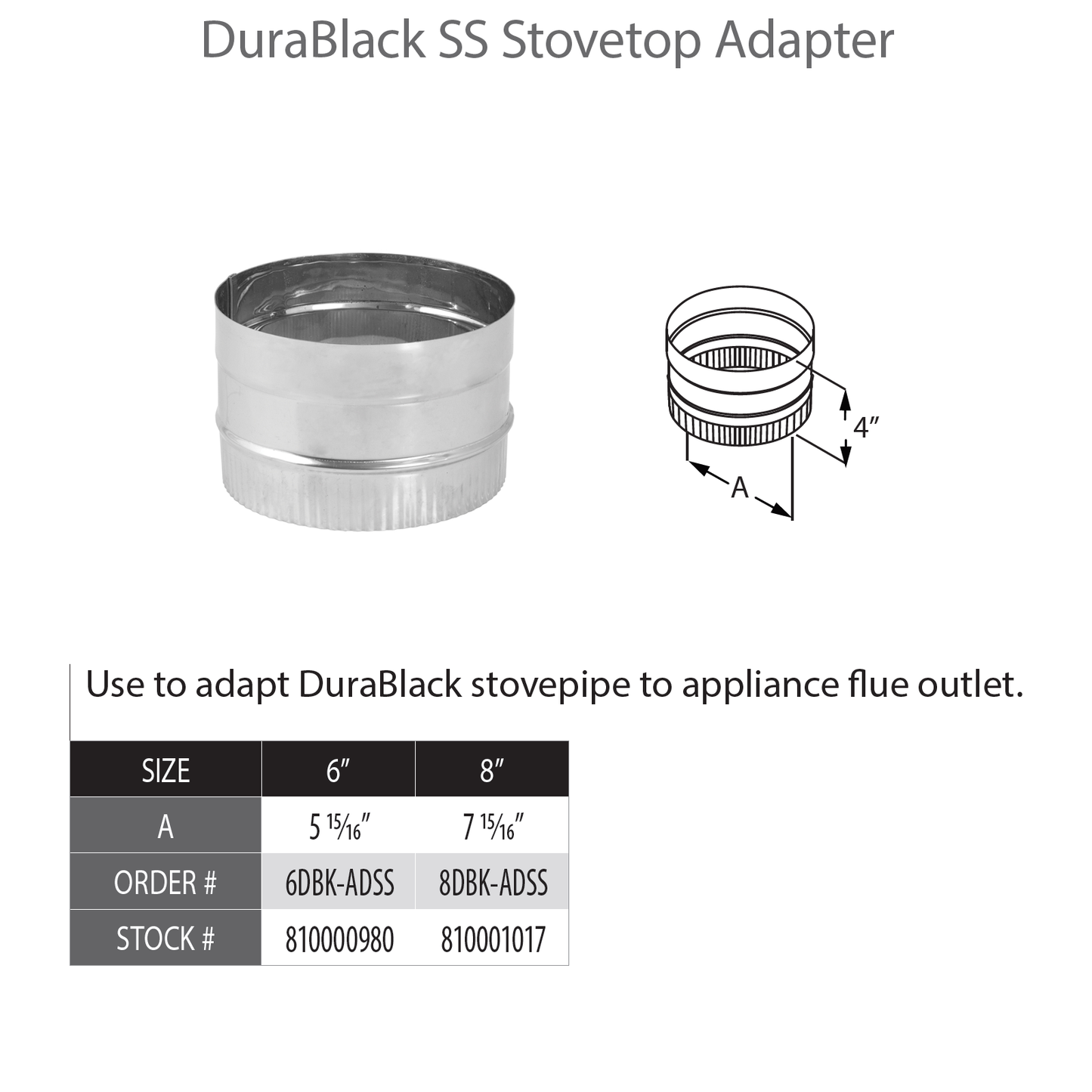 DuraVent DB 8" Diam Stainless Steel Stovetop Adapter | 8DBK-ADSS