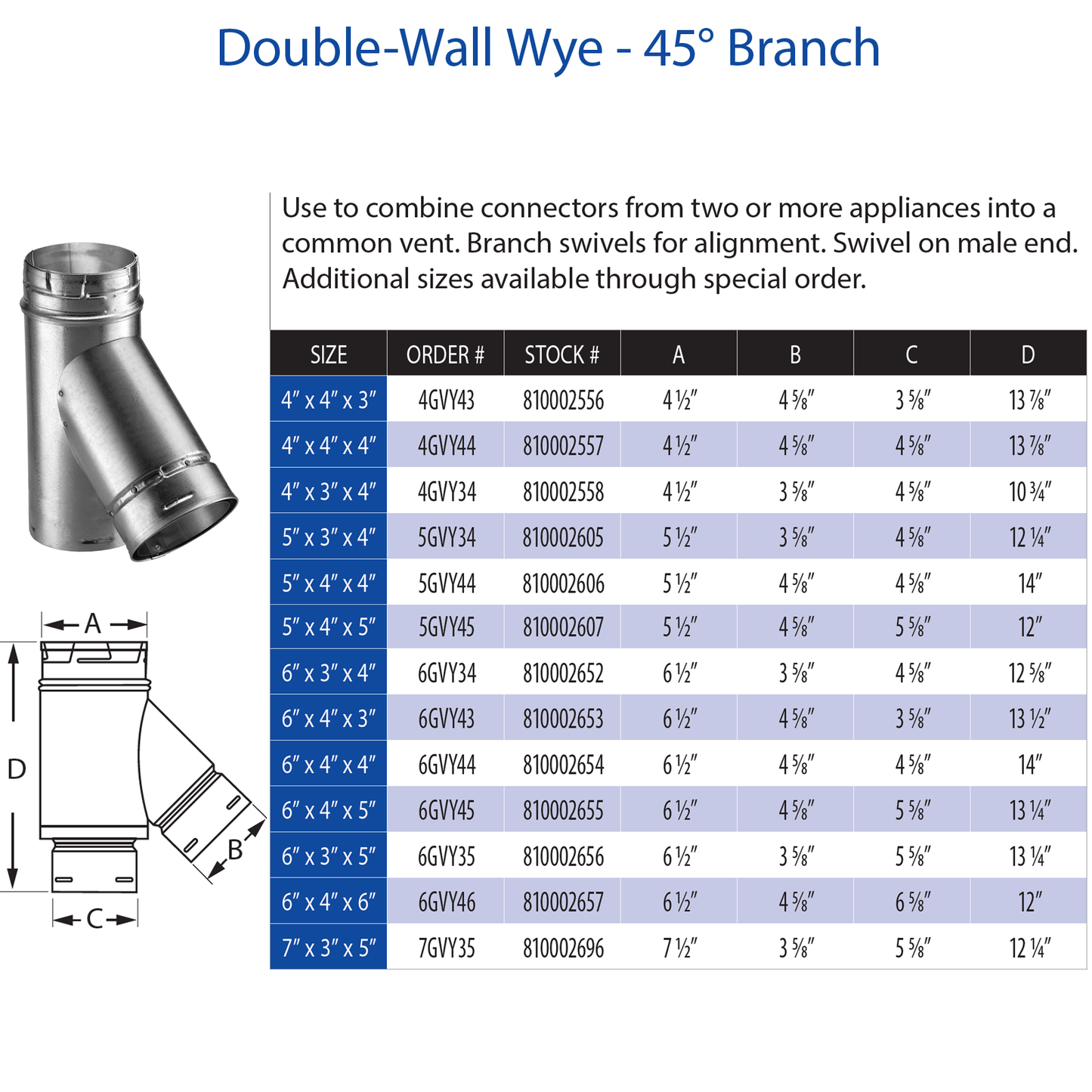 DuraVent Type B 7" x 3" x 5" Double-Wall WYE - 45 Degree Br | 7GVY35