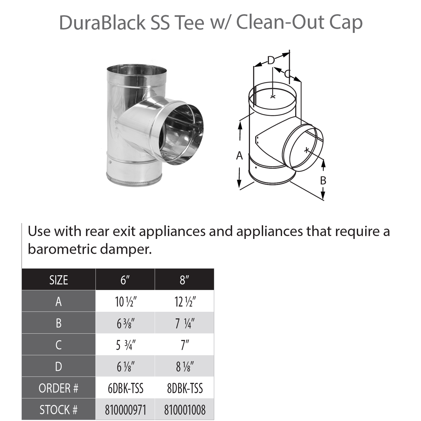 DuraVent DB 6" Diam Stainless Steel Tee w/Clean-Out Cap | 6DBK-TSS