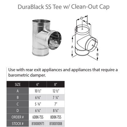 DuraVent DB 8" Diam Stainless Steel Tee w/Clean-Out Cap | 8DBK-TSS