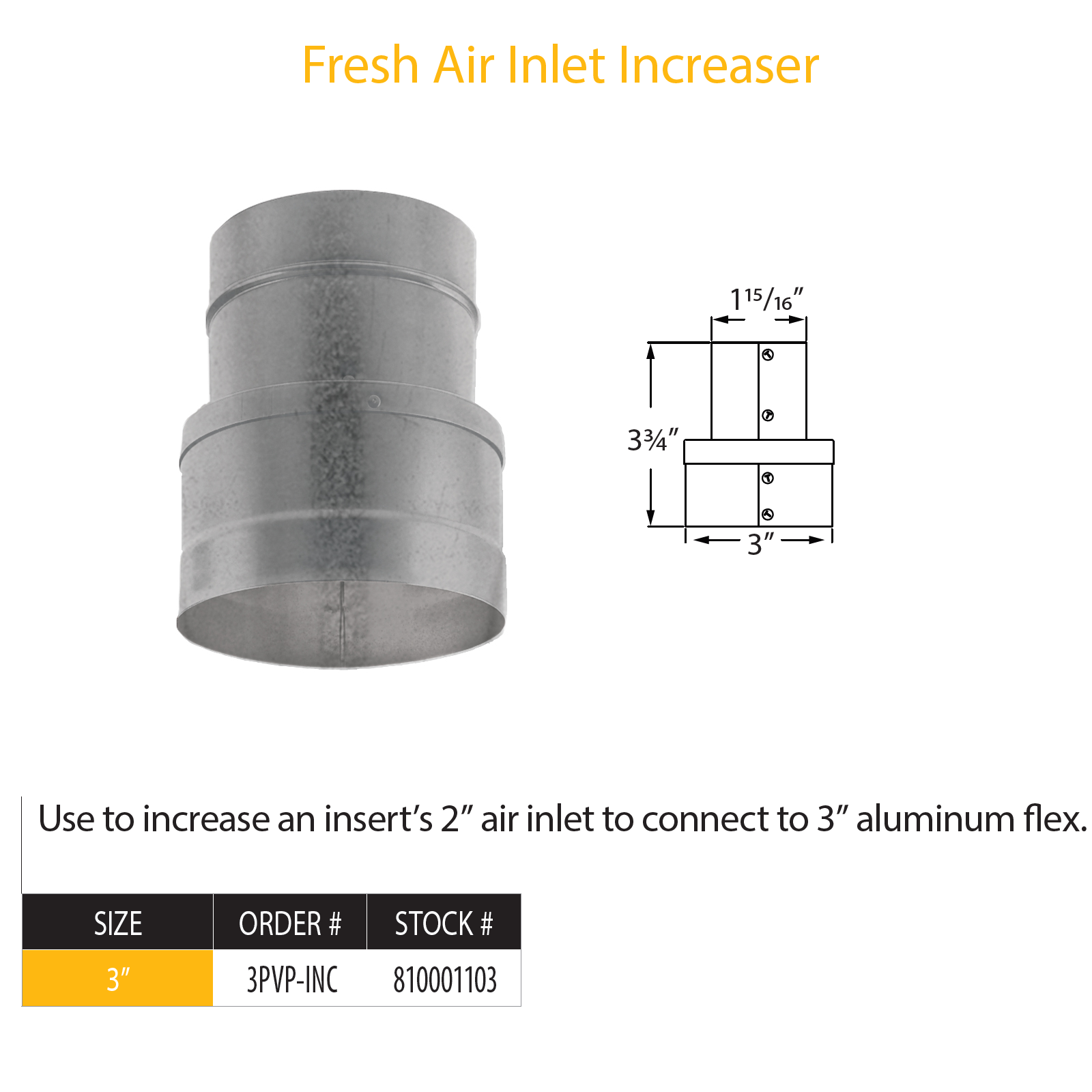 DuraVent PVP 2"-3" galvanized fresh air increaser | 3PVP-INC