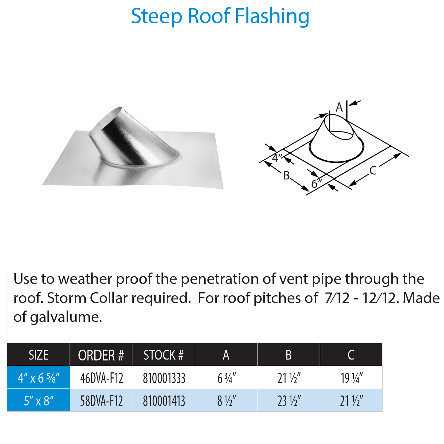 DuraVent DVP Steep Pitch Roof Flashing 7/12-12/12 | 58DVA-F12
