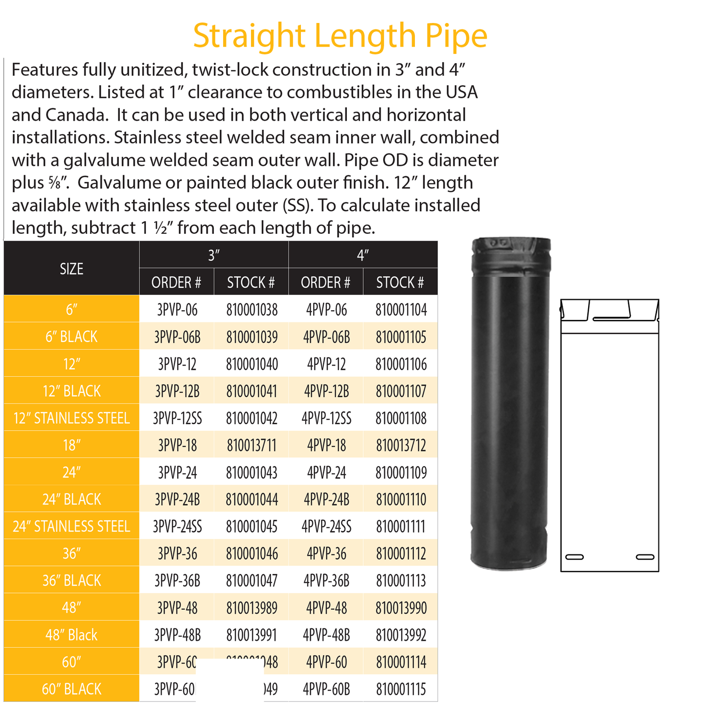DuraVent Pellet Vent Pro 6" Straight Length Pipe (black) | 4PVP-06B