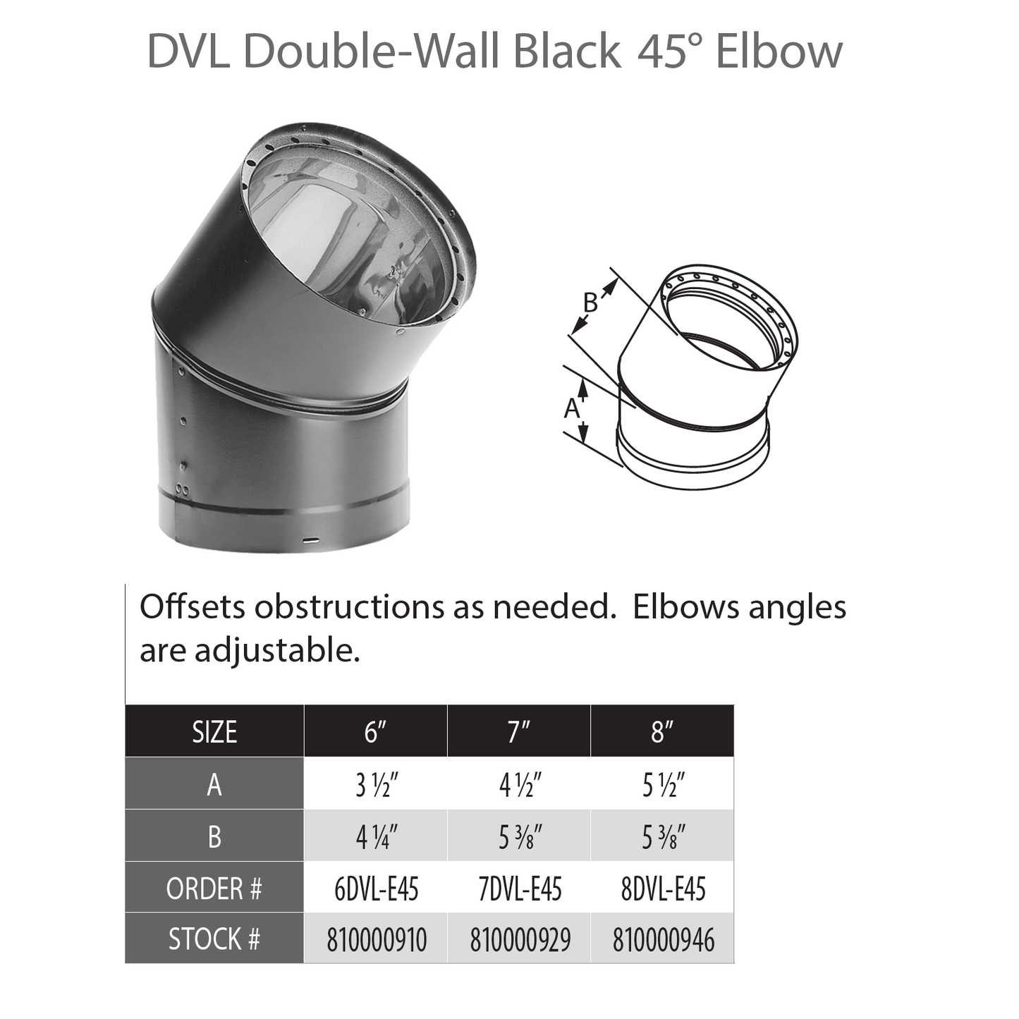 DuraVent DVL 7" Diameter Double Wall Black 45 Degree Elbow | 7DVL-E45