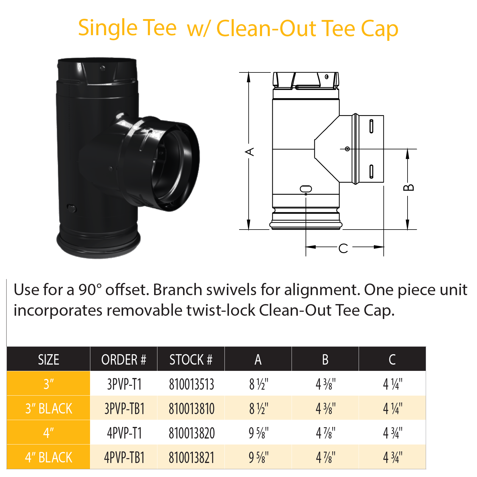 DuraVent PVP Single Tee w/Clean-Out Tee Cap (black) | 3PVP-TB1