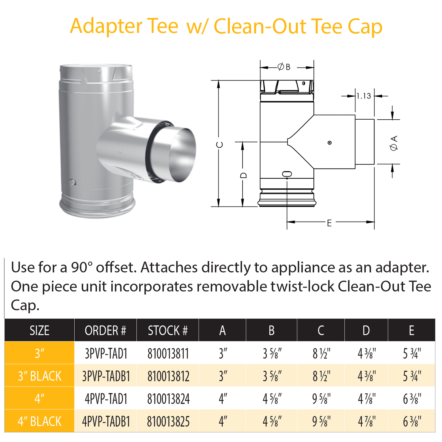 DuraVent Pellet Vent Pro Adapter Tee w/Clean-Out Tee Cap | 3PVP-TAD1