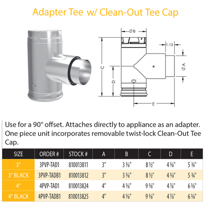 DuraVent Pellet Vent Pro Adapter Tee w/Clean-Out Tee Cap | 3PVP-TAD1