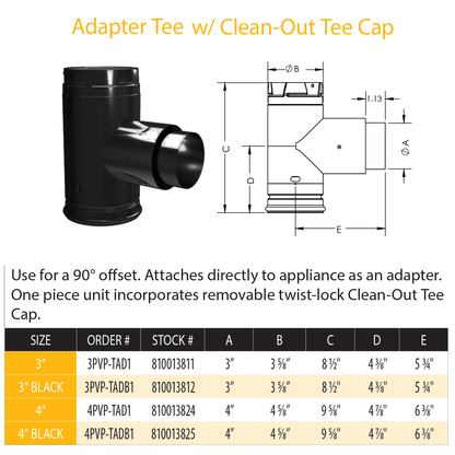 DuraVent PVP Adapter Tee w/Clean-Out Tee Cap | 3PVP-TADB1
