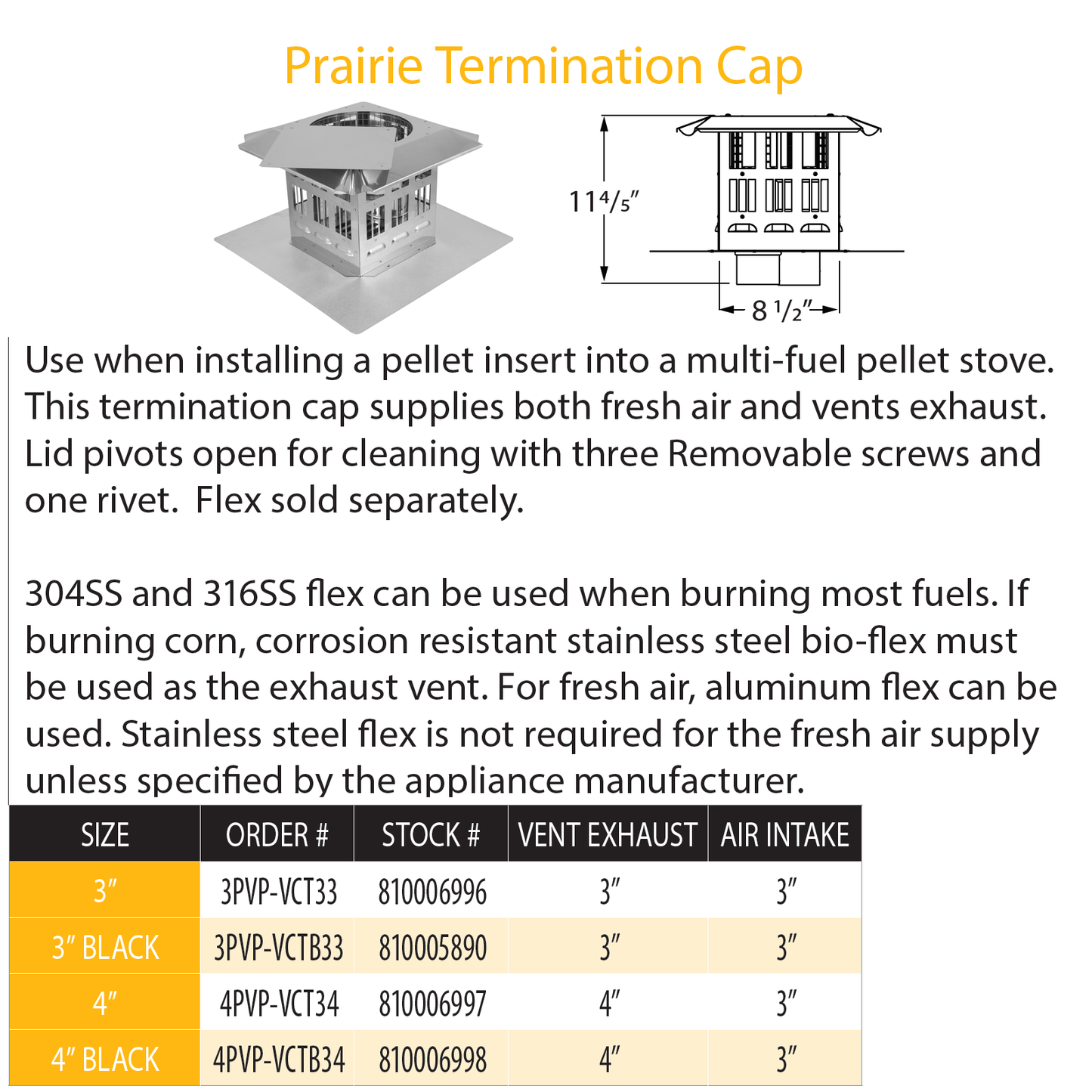 DuraVent Pellet Vent Pro 3" Prairie Term Cap SS | 3PVP-VCT33