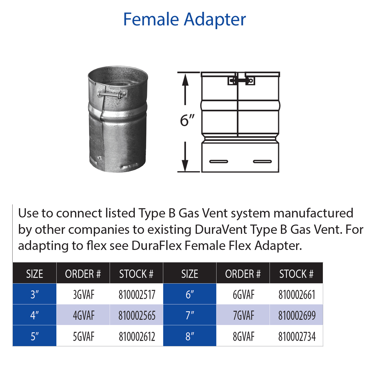 DuraVent Type B Female Adapter | 3GVAF