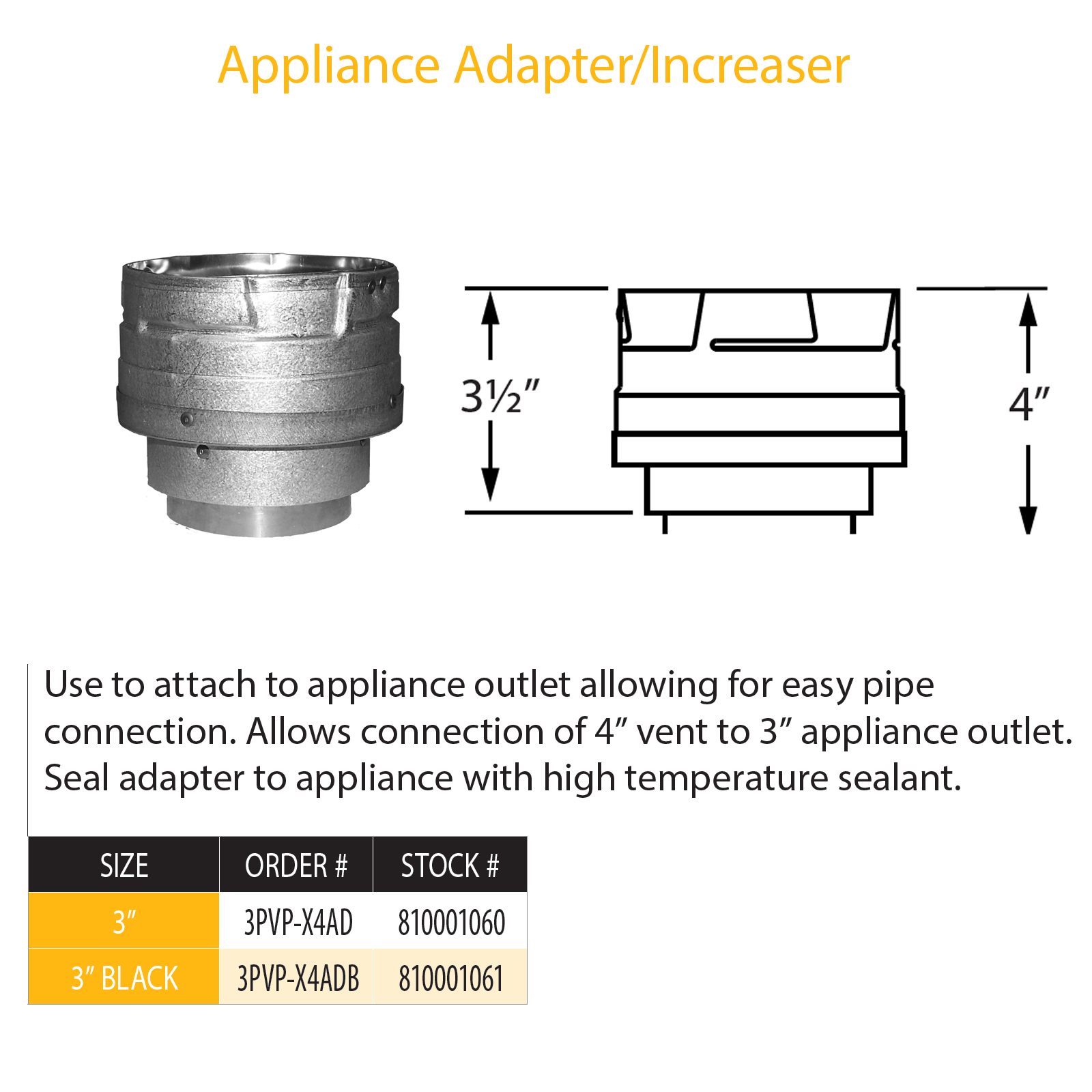 DuraVent PVP Appliance Adapter/Increaser 3" - 4" | 3PVP-X4AD