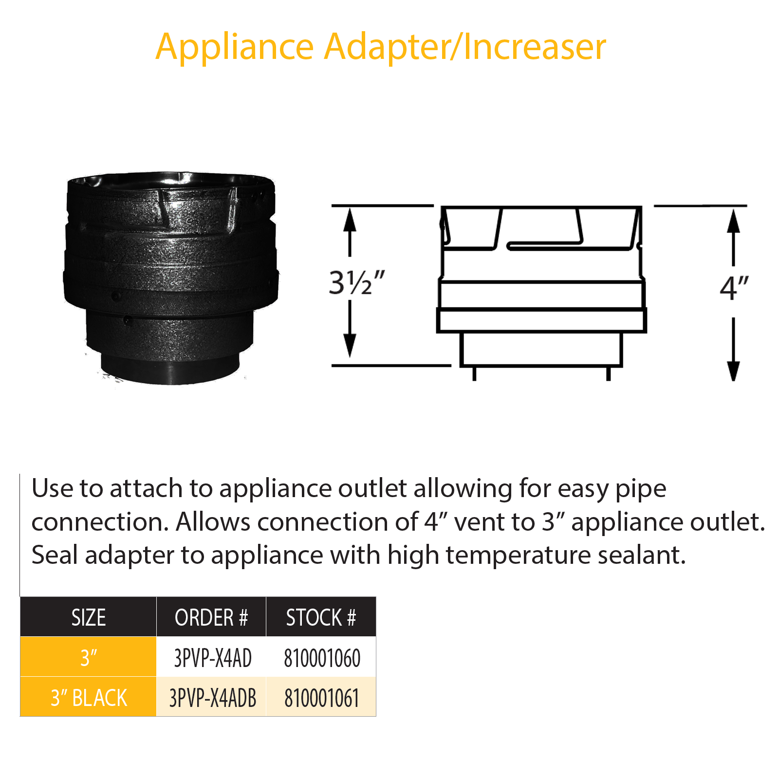 DuraVent PVP Appliance Adapter/Increaser 3" - 4" (black) | 3PVP-X4ADB