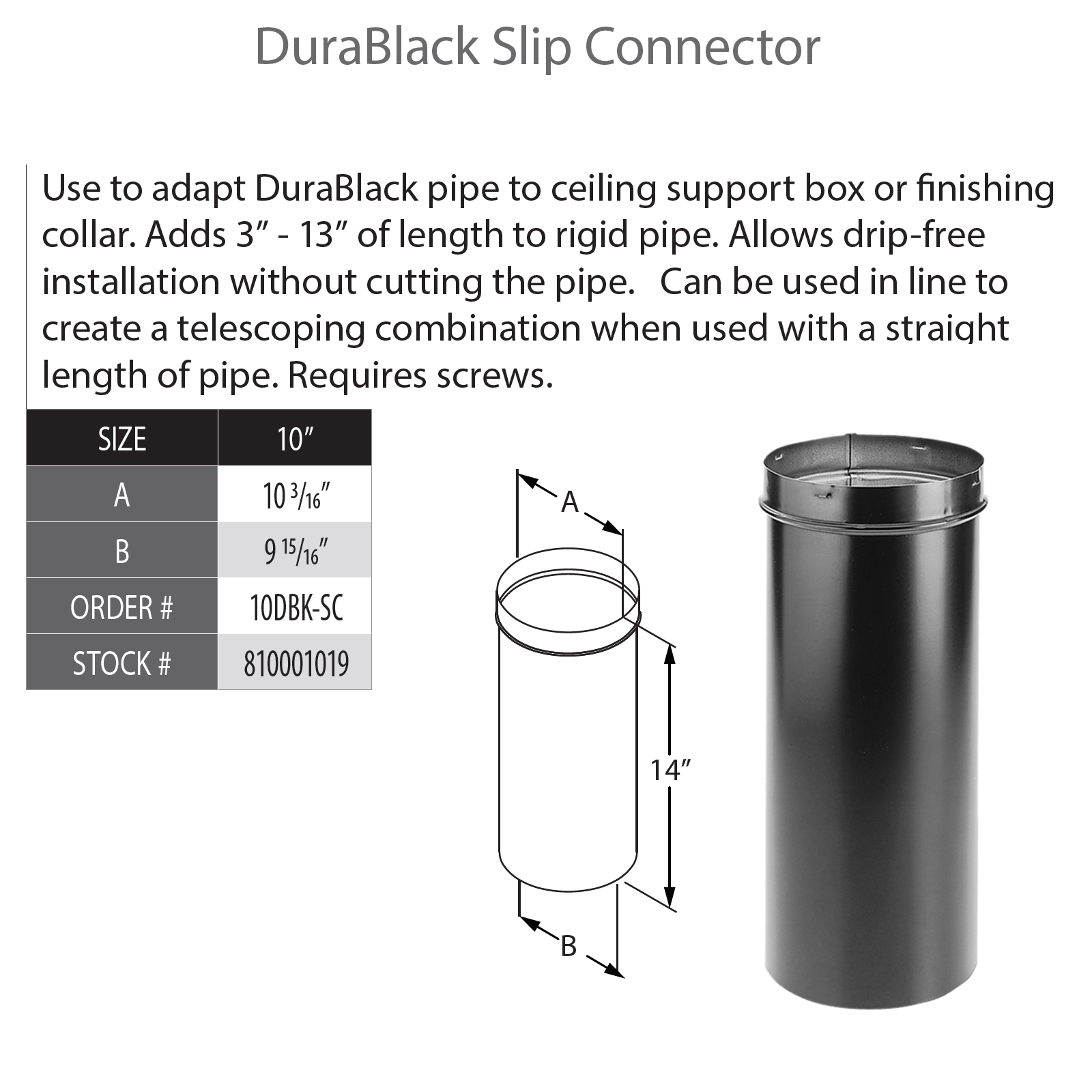 DuraVent DuraBlack 10" Diameter Black Slip Connector | 10DBK-SC