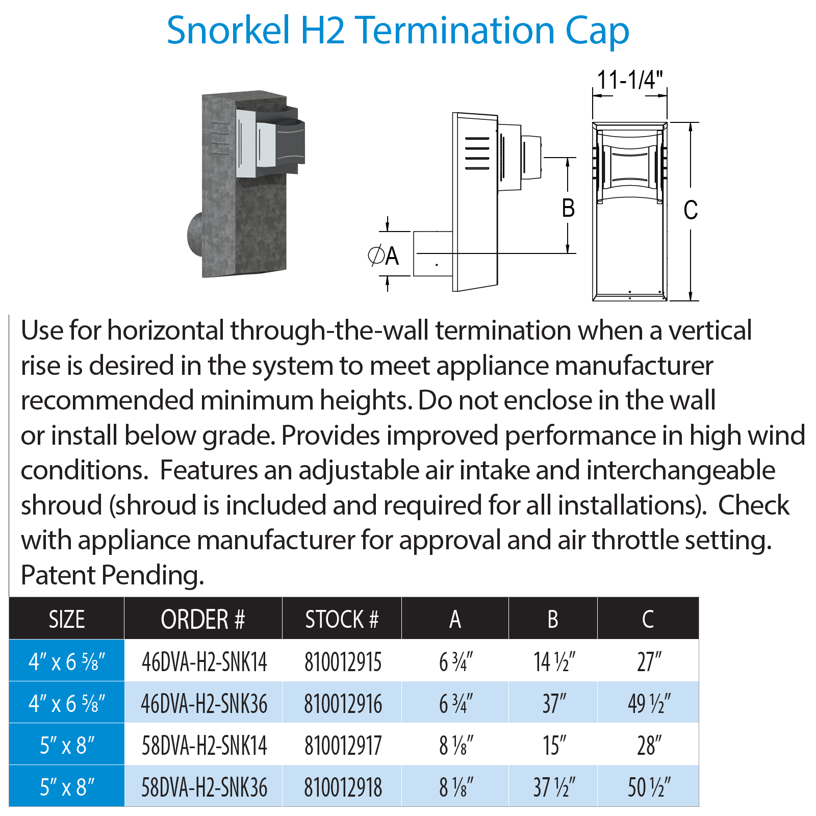 DuraVent Direct Vent Pro 5x8 DVA 14in Snorkel | 58DVA-H2-SNK14