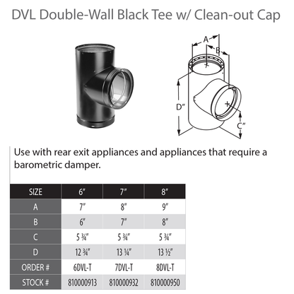 DuraVent DVL 6" Diameter Double Wall Blk Tee w/Clean-Out Cap | 6DVL-T