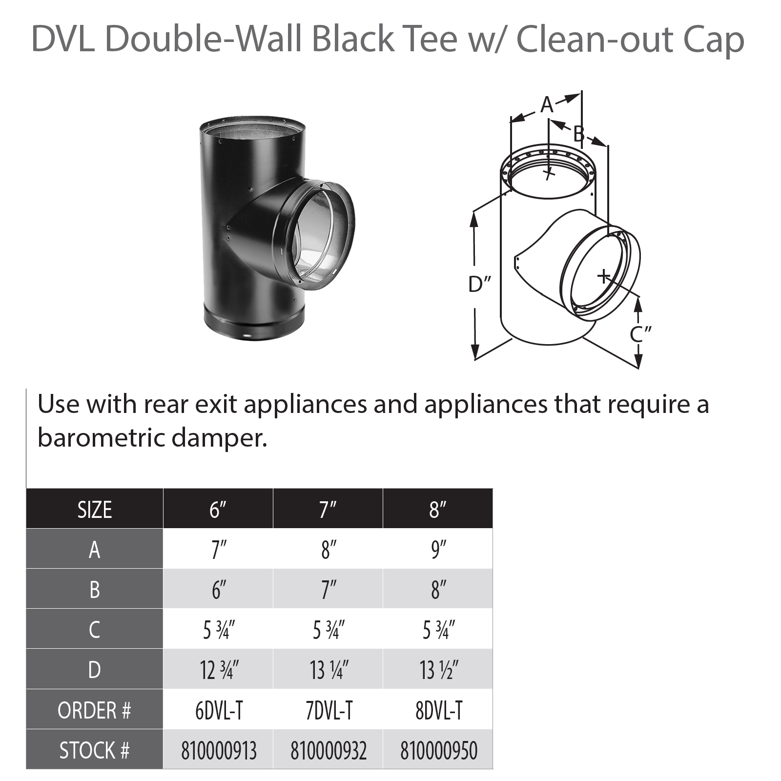 DuraVent DVL 8" Diameter Double Wall Blk Tee w/Clean-Out Cap | 8DVL-T