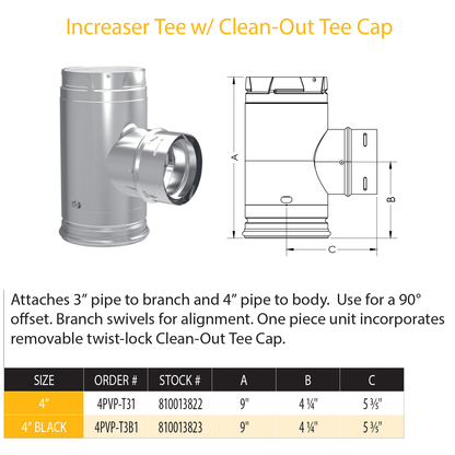 DuraVent Pellet Vent Pro Increaser Tee w/Clean-Out Tee Cap | 4PVP-T31