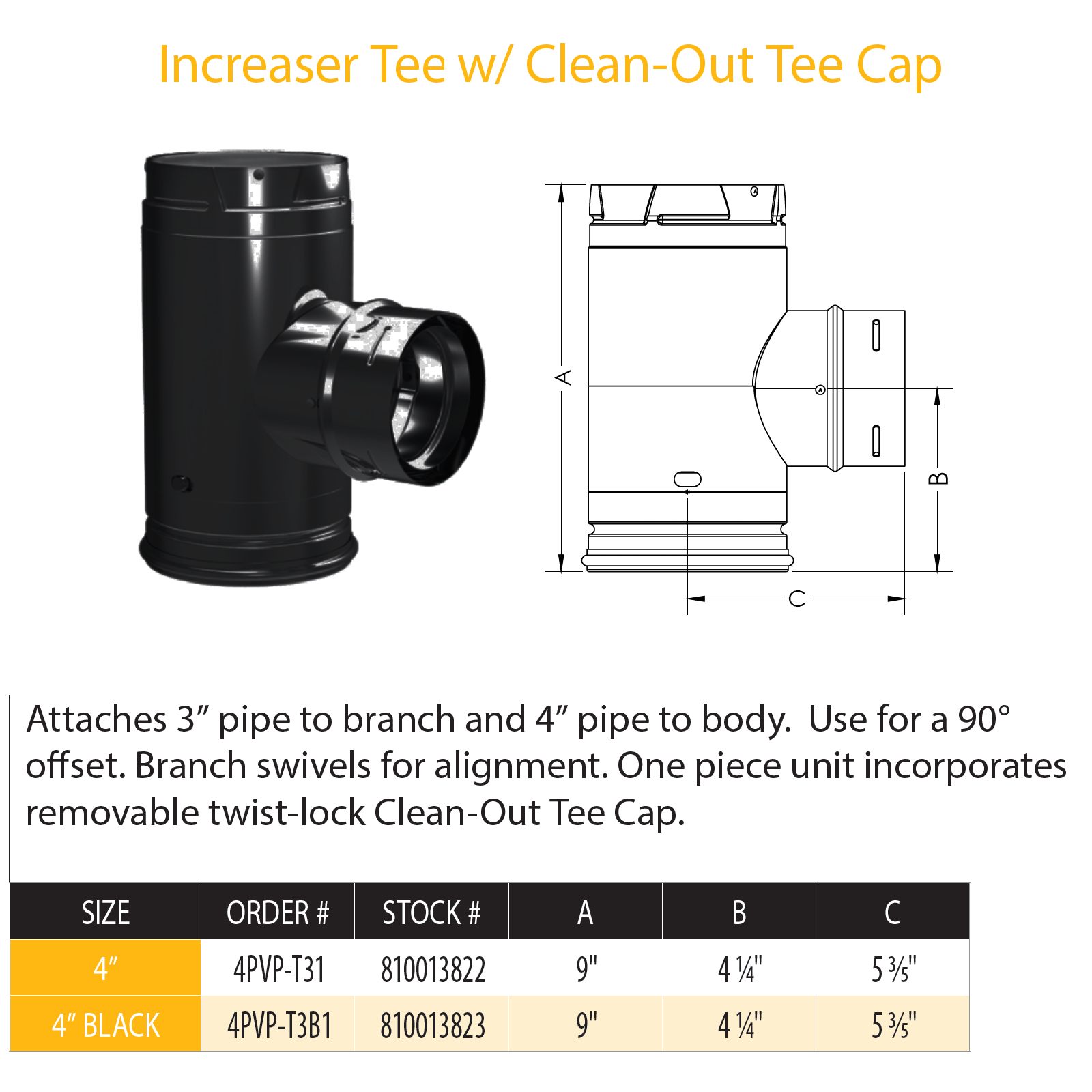 DuraVent PVP Increaser Tee w/Clean-Out Tee Cap | 4PVP-T3B1