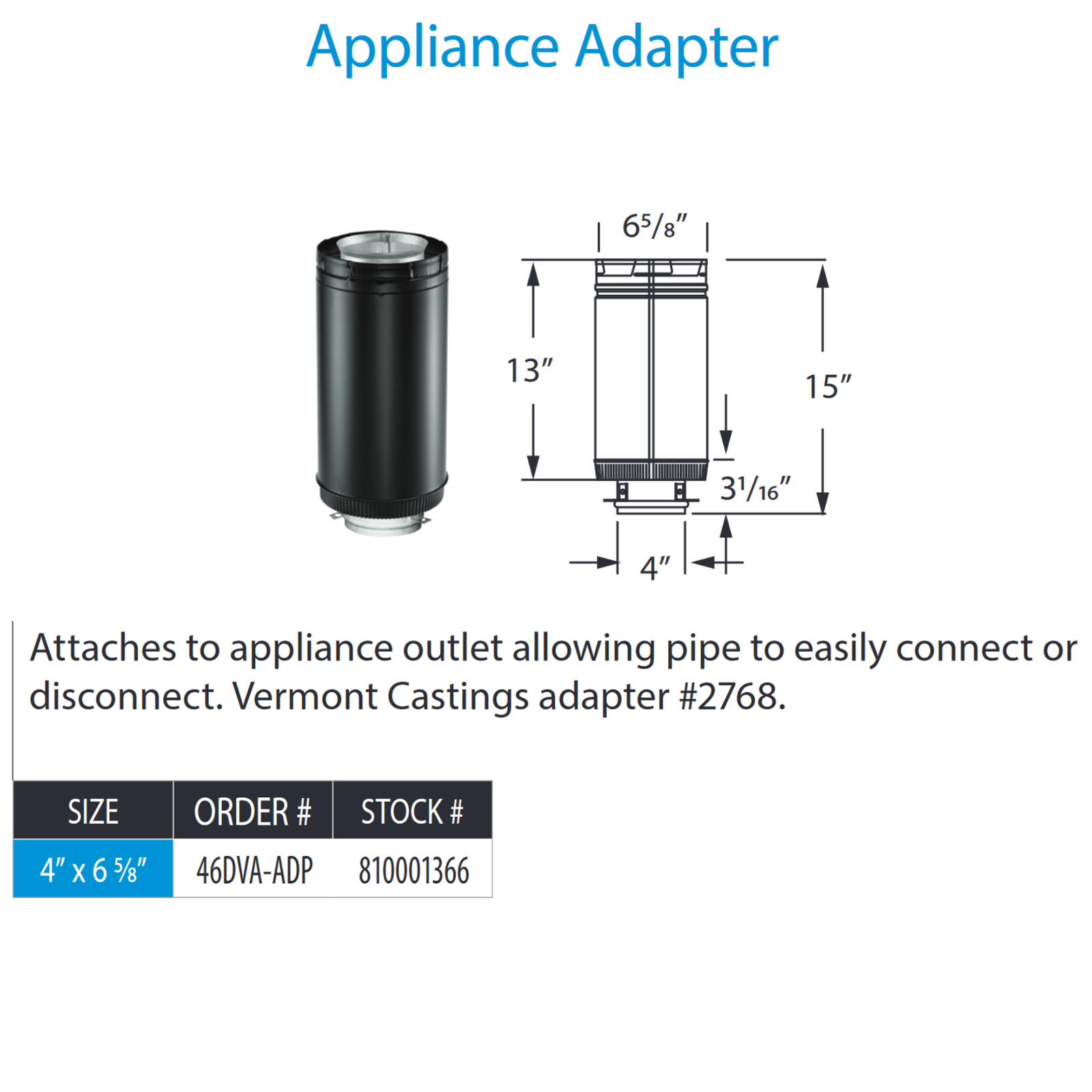 Simpson DuraVent Vermont Castings Appliance Adapter | 46DVA-ADP