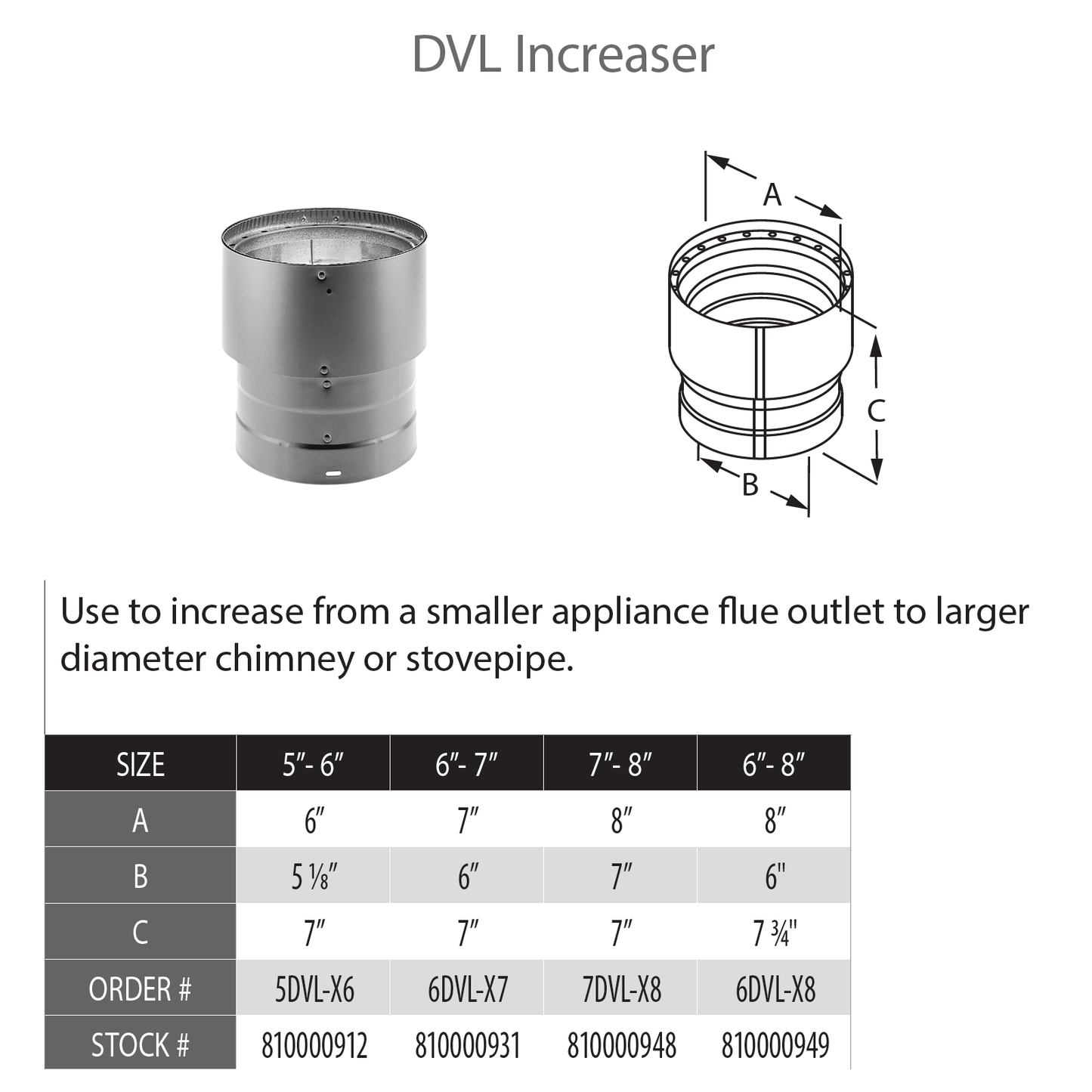DuraVent DVL 6" Diameter Increaser 6" - 8" | 6DVL-X8
