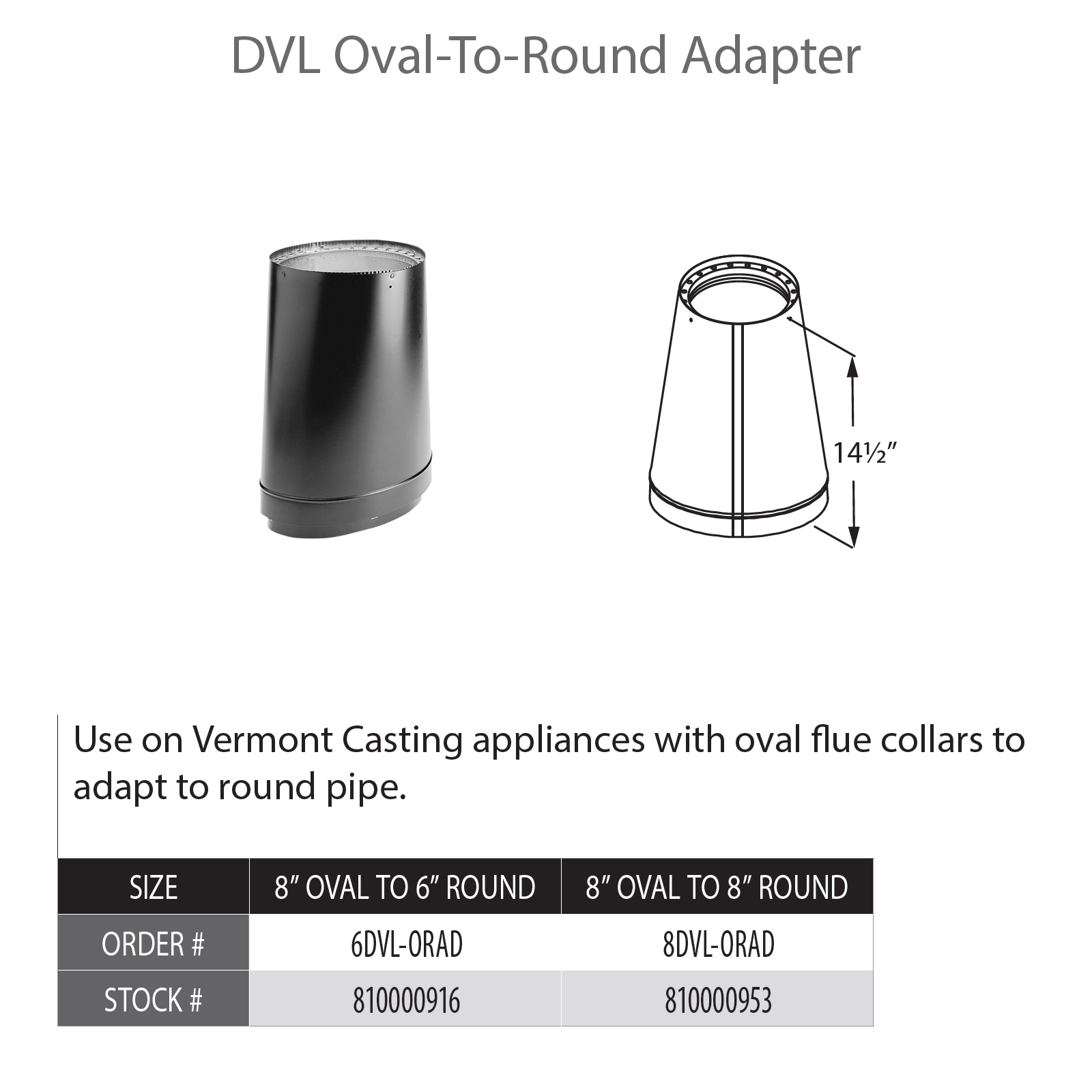 DuraVent DVL 8" Diameter Oval-to-Round Adapter | 8DVL-ORAD