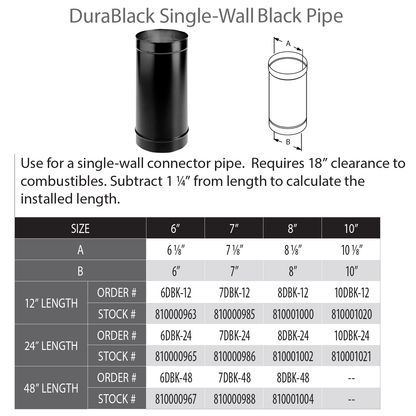 DuraVent DB 8" Diameter Single Wall Black 12" Pipe Length | 8DBK-12