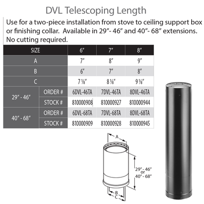DuraVent DVL 6" Diameter Telescoping Length 29" - 46" | 6DVL-46TA