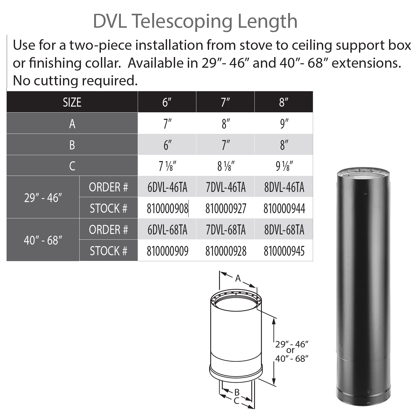 DuraVent DVL Double-Wall Stove Pipe 6 Diameter Adjustable 29-46 Length  6DVL-46TA