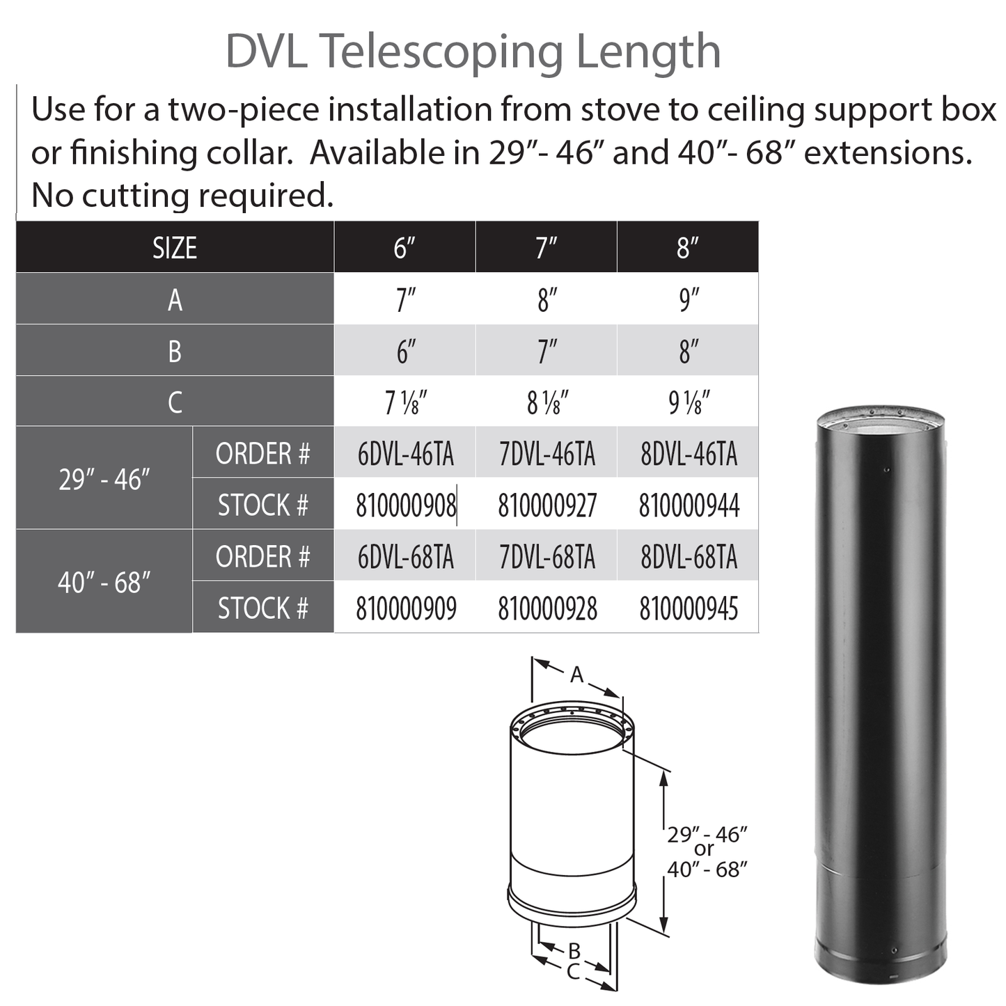 DuraVent DVL 6" Diameter Telescoping Length 40" - 68" | 6DVL-68TA